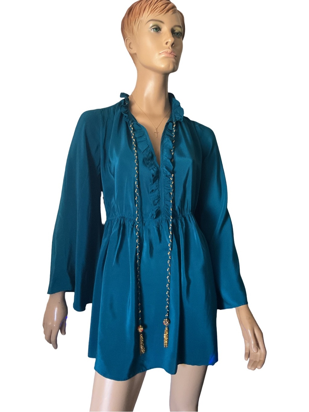 Vintage Meghan LA Blue Silk Ruffle V-Neck Tassel Oversized Tunic Dress